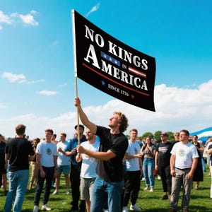 May include: A black flag with the words "NO KINGS IN AMERICA" in white and red, with stars and stripes, and the text "SINCE 1776". A person holds the flag aloft in a crowd of people under a blue sky.