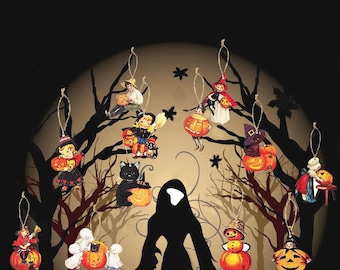 12 stijl Halloween 1-laags houten hangende ornamenten inclusief pompoen zwarte kat heksenhoed spook, decors met touw voor feestdecoratie
