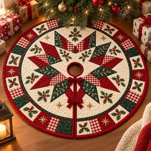 Quiltad julgranskjol, rödgrön lapptäcksmönster, juldekoration med järnek och bär, rustik julgransmatta i lantlig stil
