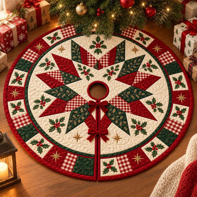 May include: A round quilted Christmas tree skirt featuring a central star pattern in red, dark green, and cream. The design includes holly leaf and berry motifs, red and white gingham squares, and gold embroidered stars, finished with two red velvet bows.