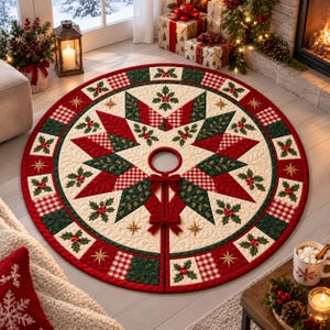 May include: A circular quilted Christmas tree skirt featuring a central star pattern in red, dark green, and cream. The design includes holly berry motifs, red and white gingham squares, and gold embroidered stars, secured by two red fabric bows.
