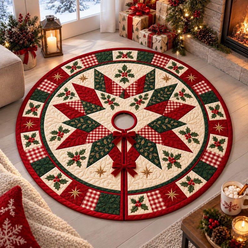 May include: A circular quilted Christmas tree skirt featuring a central star pattern in red, dark green, and cream. The design includes holly berry motifs, red and white gingham squares, and gold embroidered stars, secured by two red fabric bows.