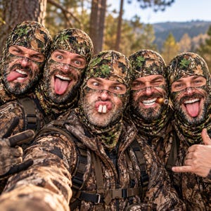 May include: Five individuals wearing matching camouflage balaclavas and jackets. Each person has a beard and is making a different facial expression, including sticking out tongues, showing teeth, or holding a cigar in their mouth.