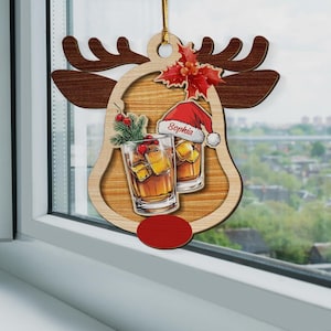 Personalized Bourbon Reindeer 2-Layer Wood Ornament for Bourbon Lovers Christmas Tree Decor Gifts Car Hanging Ornaments Housewarming