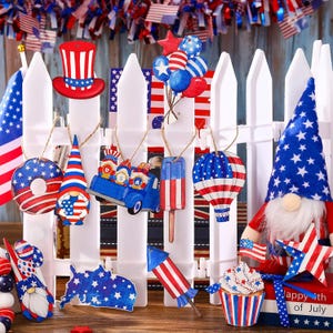 4th of July Patriotic Ornaments for Tree Wooden Memorial Day Decoration Red White Blue Hanging Ornament America Star Gnome Wood Independence