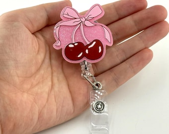 Pink Bow Cherry Badge Reel, Cute Retractable ID Card Badge Holder, Name Tag Work Badge Clip for Pediatric OBGYN Doctor Teacher, Nurse Gifts