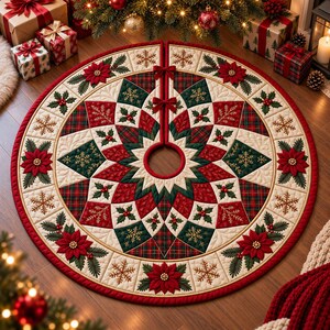 May include: A circular quilted Christmas tree skirt featuring a star-shaped pattern in red, dark green, and cream. The design includes embroidered poinsettia flowers, holly berries, and gold-stitched snowflakes, secured with two small red fabric bows.