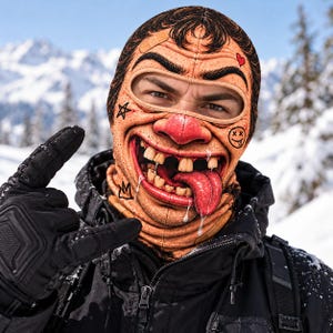 Puede incluir: Un pasamontañas de cara completa con un estampado hiperrealista y caricaturesco de una cara sonriente con dientes faltantes, lengua fuera y baba. El diseño incluye una tirita en la frente, un pequeño corazón rojo, una estrella y una cara sonriente.