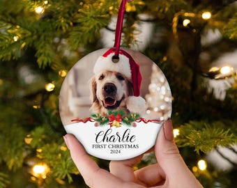 Enfeite de aquarela personalizado para animais de estimação usando foto e nome do animal de estimação - Enfeite personalizado para cachorro de Natal Enfeite personalizado para cachorro Cachorro personalizado