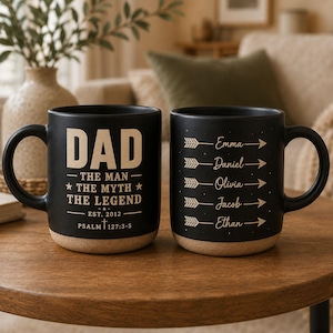 Personalized Dad The Man The Myth The Legend Pottery Mug, Custom Kids Names Arrow Coffee Cup, Father's Day Gift for Dad