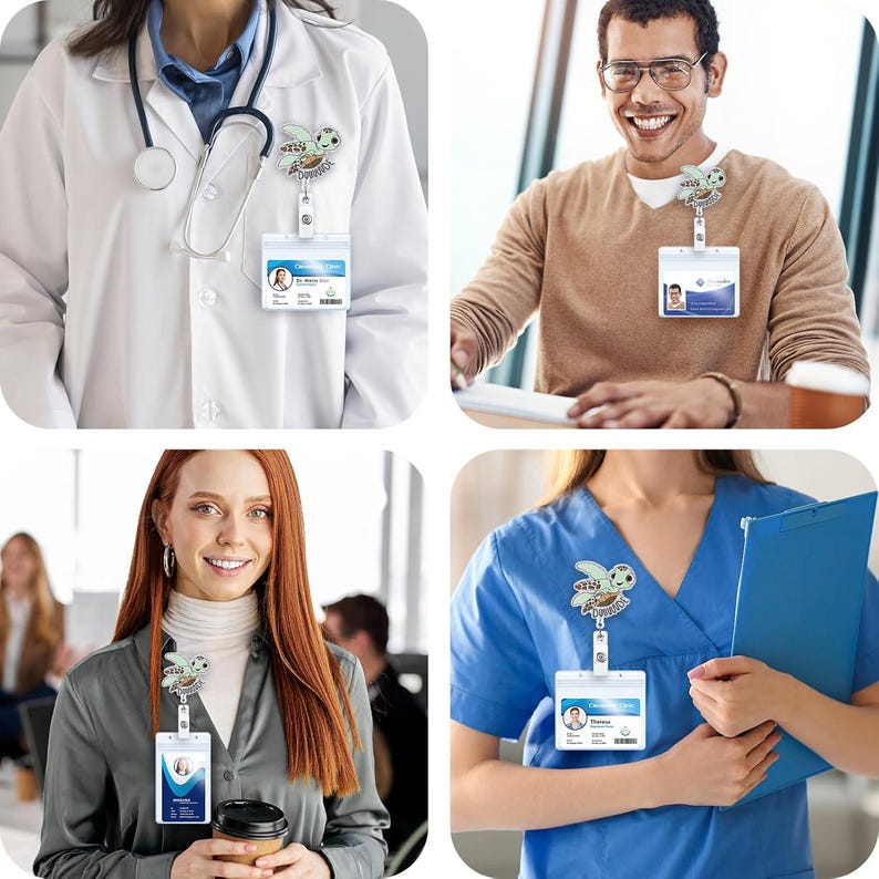 May include: A collection of four images showcasing ID badge holders with a cartoon turtle design. The badges are worn by people in various professional settings, including a doctor, a person at a desk, and a nurse. Each badge holder includes a clear plastic sleeve for an ID card.
