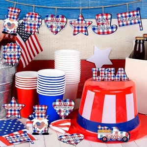 4th of July Patriotic 1 Layer Wood Ornaments Hanging Decoration Red White Blue Plaid Tree Ornaments with Letters for Memorial Day America