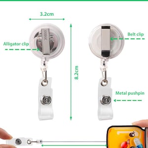 May include: Clear plastic badge reel with a metal alligator clip and metal pushpin. The reel is 3.2cm wide and 8.2cm long, with a 75cm retractable cord. The text "Custom Shape Shaker Badge Reel" is at the top.