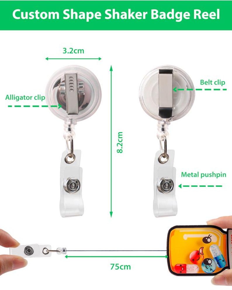 May include: Clear plastic badge reel with a metal alligator clip and metal pushpin. The reel is 3.2cm wide and 8.2cm long, with a 75cm retractable cord. The text "Custom Shape Shaker Badge Reel" is at the top.