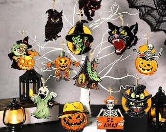 Halloweenträdekoration för träd Vintagedekorationer Trähängande Halloweendekorationer Pumpahäxa Svart katt Träutskärningar för hemmafest