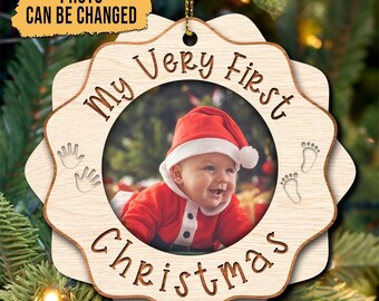 Adorno navideño personalizado para árbol de Navidad, regalo para papá, mamá y bebé primerizos. Foto personalizada de mi primera Navidad. Recuerdo navideño de 2 capas de 2025.