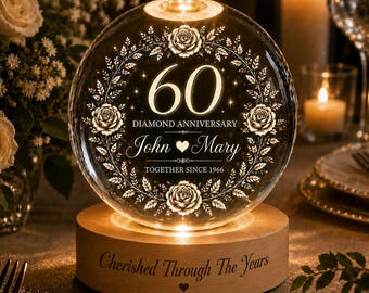 Gepersonaliseerde kristallen bollamp 60-jarig jubileum, aangepast led-nachtlampje voor koppels, diamanten huwelijkscadeau, romantisch aandenkendecor
