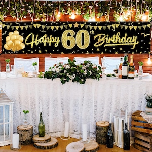 Personalized Happy 60th Birthday Banner Decorations for Men Women, Black Gold 60 Birthday Sign Party Supplies for Yard, Funny Sixty Birthday