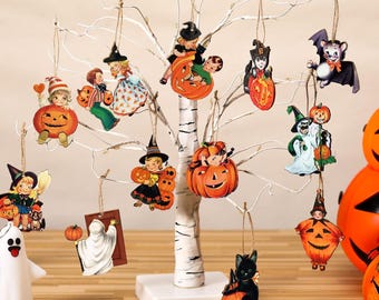 Vintage Halloween-dekorationer för träddekorationer Svart kattpumpa 1-lagers träutskärning fladdermushängande hängen Retro Halloween-dekor
