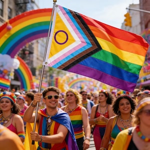 May include: A vibrant flag with a yellow triangle and a purple circle, alongside rainbow stripes, is held high in a crowd. The flag represents the LGBTQ+ community. People in the crowd are wearing rainbow-themed clothing and accessories.