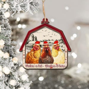Adorno de gallinero, adorno navideño de madera impreso de 2 capas para colgar en el árbol de Navidad, regalo de granjero.