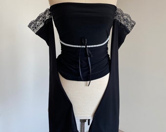 Gotycka bluzka z krótkim rękawem, Czarna bluzka z krótkim rękawem, Ubrania w stylu gotyckim, Bluzka w stylu grunge gotyckim z perłami, Odzież damska na rok 2000, Prezent dla niej