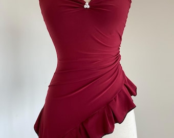 Blusa burdeos con volantes - Estética grunge de balletcore, top vintage de hadas Y2K
