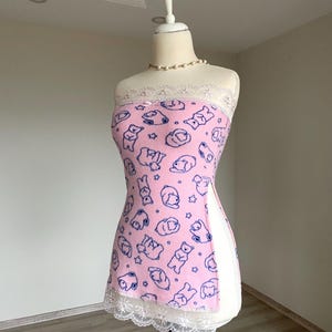 Strapless Coquette Cute Top Blouse, Pink Cute Blouse, Y2K Babydoll Pink Blouse for women, Teddy Bear Pattern