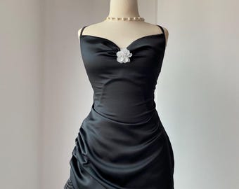 Vestido de graduación, vestido de satén para mujer, vestido de satén negro, vestido de satén para después de la fiesta de graduación.