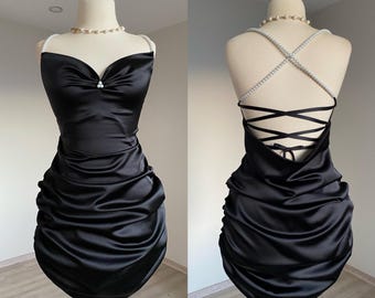 Vestido de satén negro, vestidos de satén para mujer, vestidos de novia, vestidos de fiesta, vestidos de dama de honor, vestido de fiesta, vestido de estrella