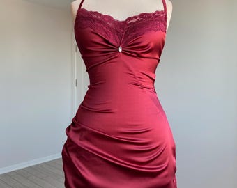 Minivestido de satén, vestido lencero de satén burdeos con encaje, vestido de satén SACRE, vestidos de graduación, vestido de graduación para mujer, minivestidos para mujer