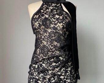 Blusa de encaje transparente, body de encaje transparente, top de satén con pañuelo, top de encaje con lazo en el cuello, top femenino para salir.