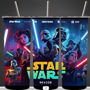 Star W. Cartoon Tumbler Wrap PNG, Sci-Fi Tumbler Wrap, Galaxy Theme, Sublimation Design, Star W. Fan Gift, Instant Download