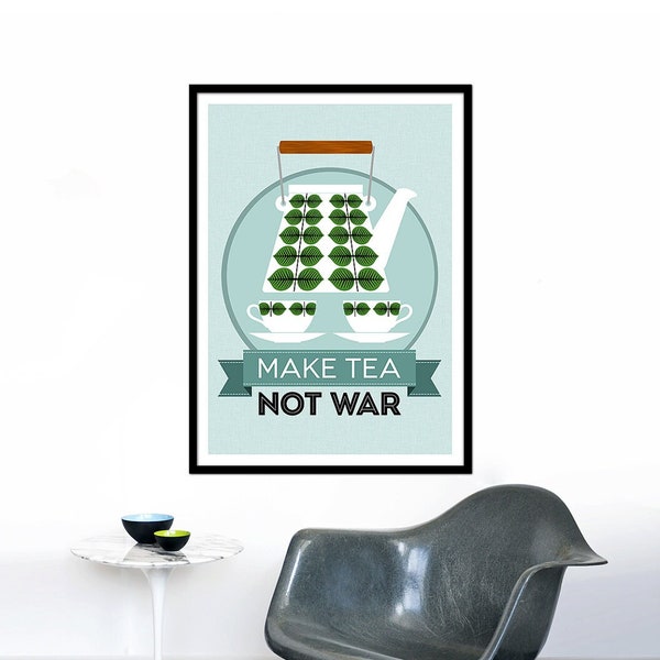 Kitchen art poster Mid Century Modern retro print Stig Lindberg teapot coffee office - Make Tea Not War 2 - 50 x 70 cm