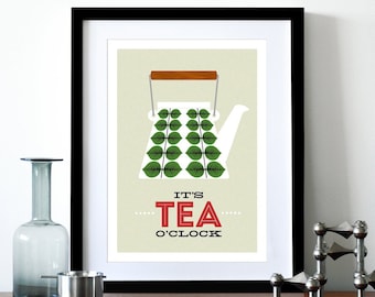 Mid Century Modern poster print Stig Lindberg retro tea coffee kitchen art - It's Tea O'clock - A3