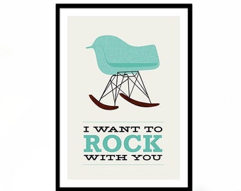 Eames poster print Mid Century Modern chair lounge Herman Miller kitchen art retro office - I Want To Rock With You 2 Aqua  50 x 70 cm