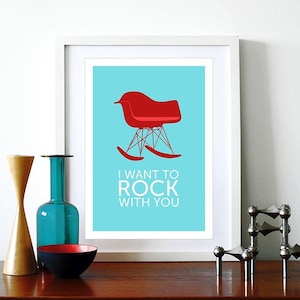Eames poster print  chair Mid century modern Herman Miller vintage retro office home - I Want To Rock With You Red A3