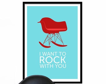 Eames poster print Mid Century Modern retro Herman Miller rocker chair nursery kitchen art office - I Want To Rock With You Red 50 x 70cm