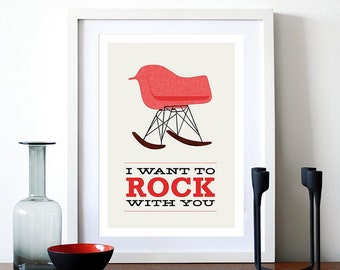 Eames poster print - I Want To Rock With You 2 Red -  A3 Mid Century Modern chair rocker Herman Miller lounge retro