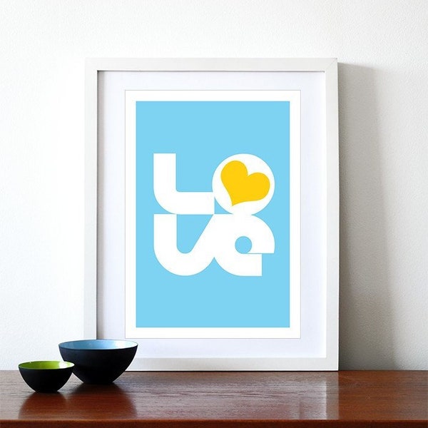 Typography poster print retro love graphic design font kitchen art office - Biglove Summer A3 blue yellow