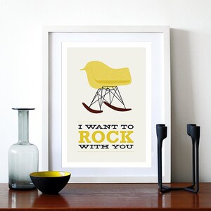 Plakat Eamesa Mid Century Modern vintage krzesło bujane retro dom kuchnia sztuka - Chcę się z tobą kołysać 2 żółty - A3