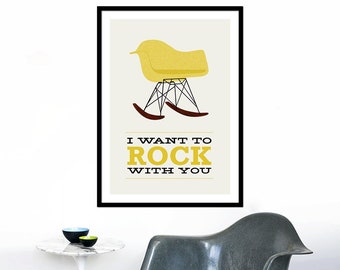 Eames poster print Mid Century Modern chair chair vintage rocker retro home kitchen art - I Want To Rock With You 2 Yellow - 50 x 70 cm