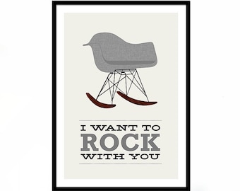 Eames poster print Mid Century Modern chair vintage Herman Miller retro office kitchen art - I Want To Rock With You 2 Grey 50 x 70 cm