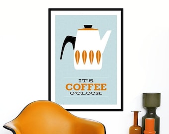 Cathrineholm poster print Catherineholm Mid Century modern Eames home tea coffee kitchen art - It's Coffee O'clock - Orange 50 x 70 cm