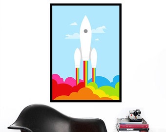 Retro poster rainbow print space rocket mid century modern nursery art kids bedroom office - Rainbow Rocket - 50 x 70 cm