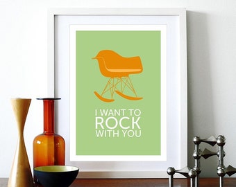 Eames poster print - I Want To Rock With You Orange- A3  Eames chair rocker Mid Century Modern Herman Miller lounge home