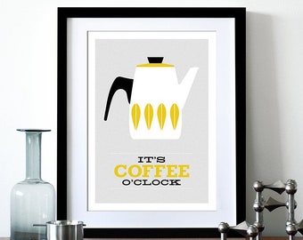 Cathrineholm poster print - It's Coffee O'clock - A3 print - Yellow on grey gray background- Cathrineholm Mid Century Modern home kitchen