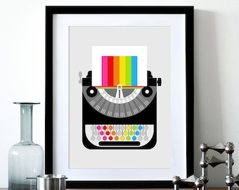 Rainbow typewriter poster print Mid Century Modern office retro vintage typewriter kitchen art nursery art - Rainbow Writer A3