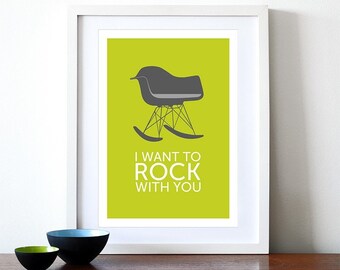 Eames poster print vintage chair  Mid Century modern Herman Miller retro lounge kitchen art office - I Want To Rock With You Grey A3