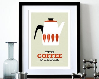 Cathrineholm poster print Mid Century modern home art for kitchen art tea coffee poster - It's Coffee O'clock A3 Red